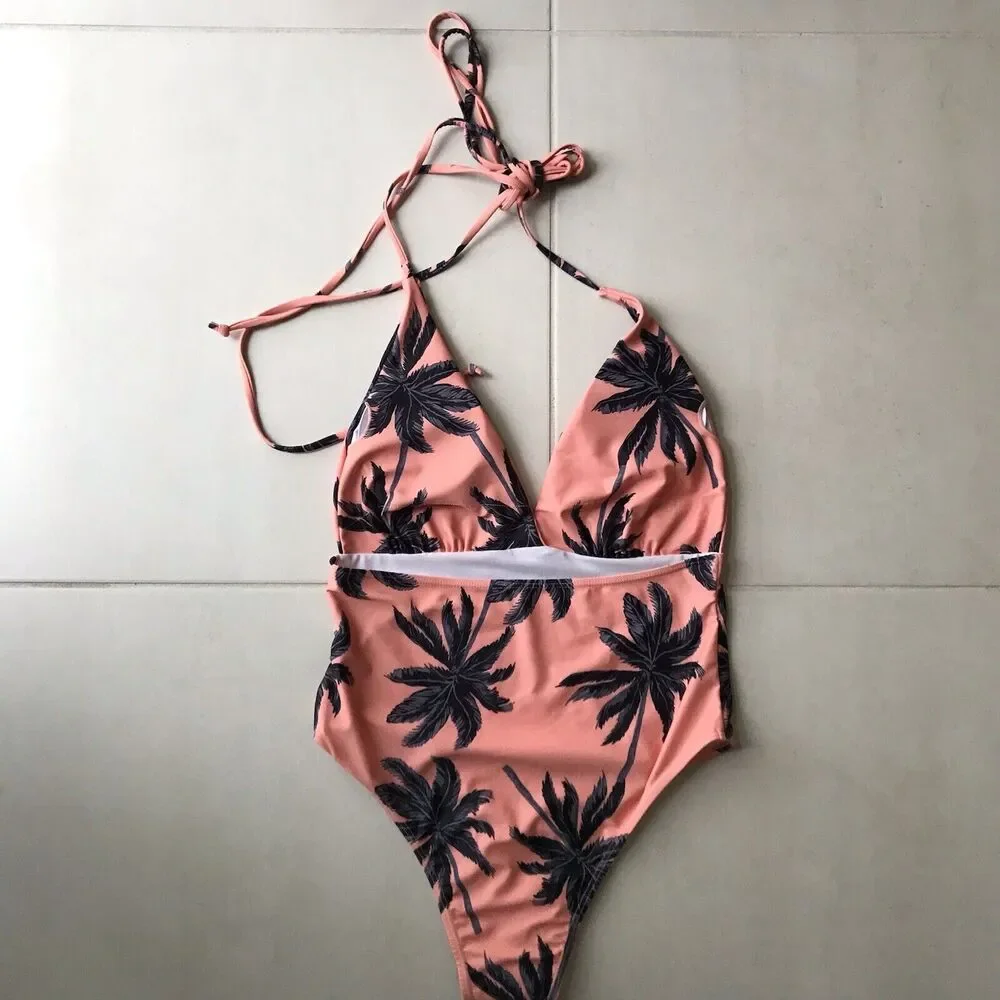 Shein One Piece Swimsuit Tropical Print Plunge Halter Neck Swimwear